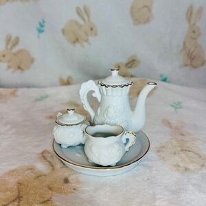 Vintage White Matte Floral/ Gold Edge Miniature Tea Set